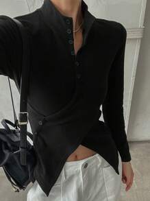 DAZY Women's Thermal Lined Slim Fit Button Up T-Shirt,Fall Clothes Long Sleeve Women Tops,Thermal Lined Turtleneck Women - Black - View 2