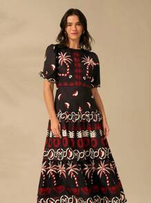 CAJUNI 女士波西米亚风印花、热带椰子和菠萝印花、泡泡袖半袖长款黑色连衣裙、夏季休闲、海滩度假连衣裙 - 彩色 - 查看 5