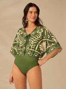 CAJUNI Women's Boho Print, Coconut Tree, Sun And Tropical Floral Print, V-Neck Tie-Up Sleeve Green Bodysuit, Summer Casual, Beach Getaway Bodysuit - Green - View 8