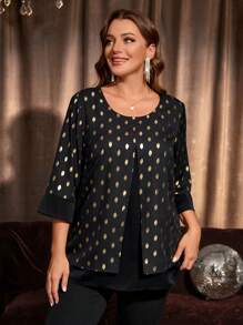 EMERY ROSE Plus Size Polka Dot Print Casual Long Sleeve Round Neck Blouse,Fall Women Clothes