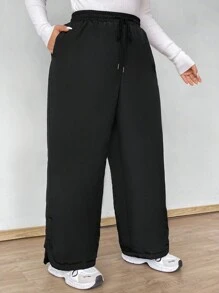 Flirla Pantalones holgados de unicolor con cordón en la cintura para tallas grandes - Negro - Ver 5