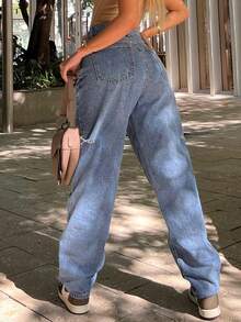 Y2K thập niên 90 Cao Cấp Túi Nghiêng Cắt Ra Rách Nguyên Chân Thẳng Giặt Quần Jean Hàng Ngày Thường Ngày Denim Quần - Màu xanh lam - Xem 2