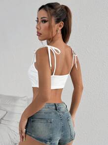 EgrlEra Solid Color Spaghetti Strap Lace-Up Casual Top - White - View 2