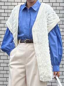 FRIFUL Women's Solid Color Front Button Short Sleeve Casual Loose Sweater Vest,Fall Clothes - Apricot - View 6