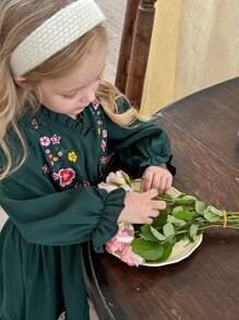 LMoss Kids LMoss Young Girl Green Puff Sleeve Embroidery Print Chiffon Dress