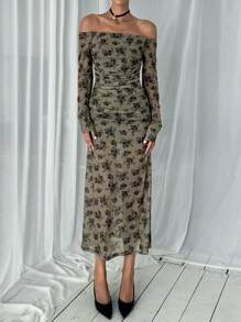 SHEIN Essnce 2024 Spring & Summer New Floral Print Ruched Shoulder & Waist Slim Fit Off-Shoulder Long Sleeve Dress For Women - Green - View 6