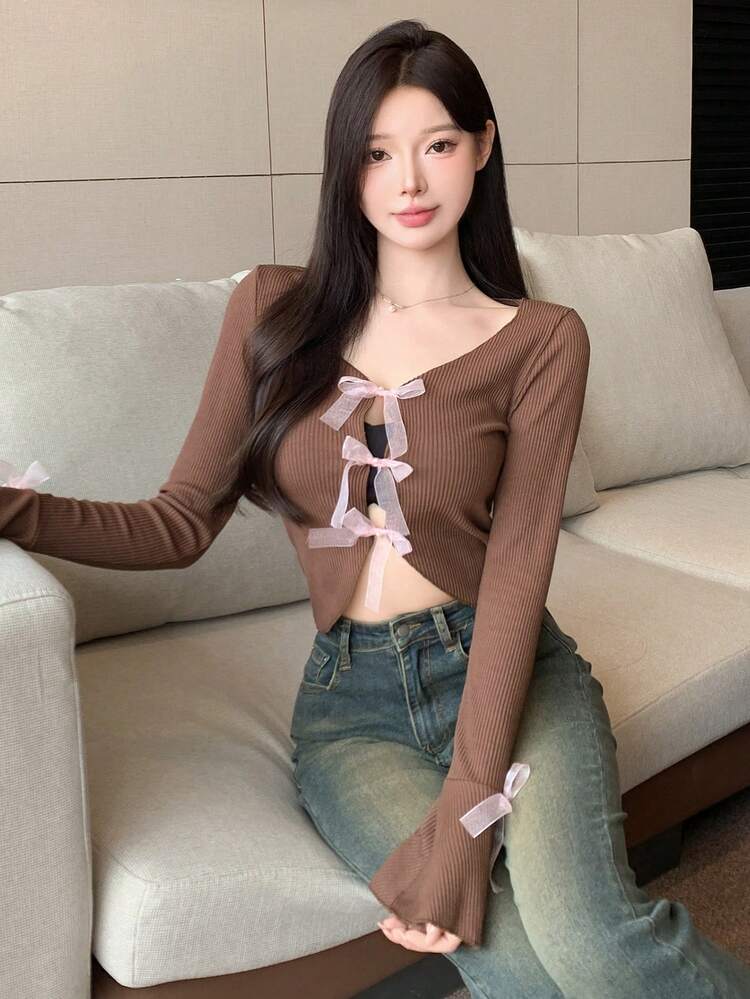 Women's Contrast Color Bow Decor Long Sleeve T-Shirt,Fall Clothes