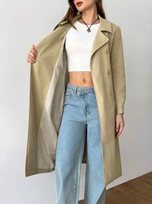 Flirla 纯色翻领长袖前扣休闲风衣 - 卡其色 - 查看 7