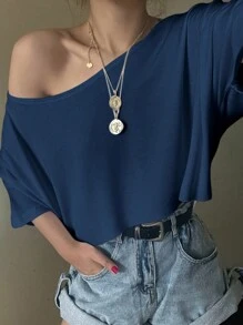SHEIN EZwear Kaos Rajut Longgar Model Oversized Satu Bahu untuk Wanita, Biru Tua - Navy Blue - View 3