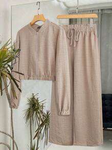 SHEIN LUNE Solid Color Casual Zip-Up Set Fall Cloth For Women - Khaki - View 1