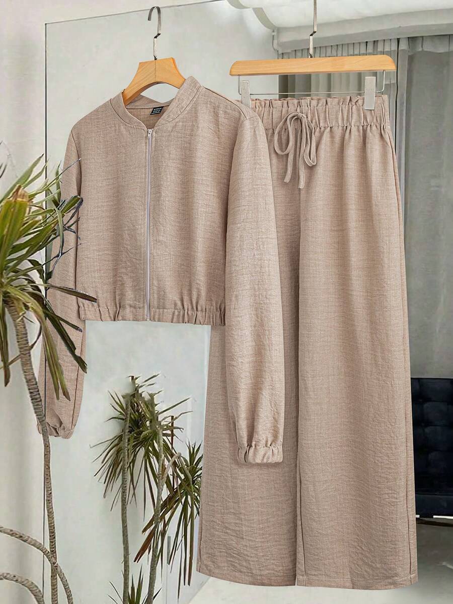 SHEIN LUNE Solid Color Casual Zip-Up Set Fall Cloth For Women - Khaki - View 1