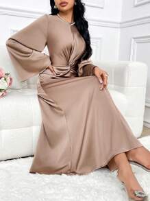 Modelyn 女士纯色扭纹前拉链后背简约长款阿拉伯风格连衣裙长款晚礼服 - 棕色 - 查看 6