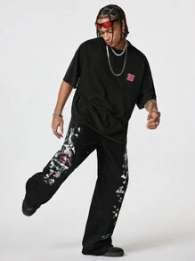 Manfinity VCAY 男士雪花图案宽松针织圆领短袖 T 恤 - 深灰色 - 查看 4