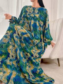 Al Najma 女士圆领抽绳长袖全身花卉印花朴素优雅土耳其连衣裙传统阿巴亚连衣裙，朴素，波西米亚宽松长袍和贾拉比亚 - 彩色 - 查看 5