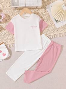 2 peças/conjunto Pijama com estampa de letras confortável para meninas com Top de manga curta de cor contrastante e calça larga