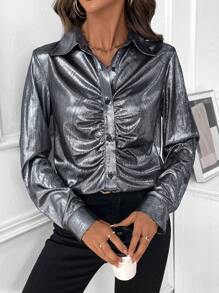 SHEIN Clasi Women's Button Ruched Sleeve Fashionable Charming Blouse Fall Cloth For Women - Silver - View 6