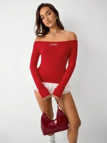 Flirla 1 pieza Jersey ajustado de manga larga con hombros descubiertos, decoración de mariposa de rhinestone para mujer, de moda para fiesta de Navidad, otoño/invierno, minimalista
