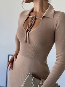 SHEIN Privé 女式系带长袖修身迷人时尚针织毛衣连衣裙 - 卡其色 - 查看 7