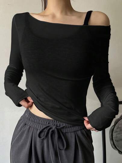 DAZY 新款秋季露肩修身女式 T 恤透明露肩上衣长袖女式上衣秋季女装