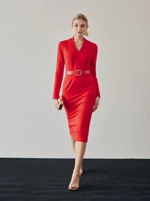 MOTF PREMIUM SOLID V-NECK SLIM FIT BELTED MIDI DRESS