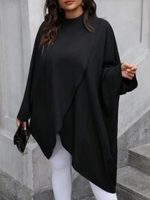 Flirla Blusa de manga larga informal con bajo asimétrico de unicolor para mujeres talla grande - Negro - Ver 7