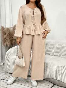 SHEIN Essnce 2pcs Women Plus Size Bowknot Front Cardigan Top And Casual Wide Leg Pants Set