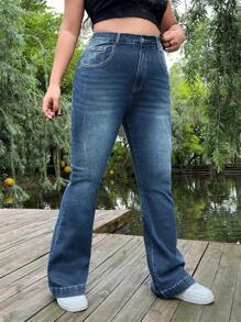 SHEIN EZwear Jeans casuales de pierna recta con bolsillo con botón y presilla de cinturón, estilo desgastado, talla grande