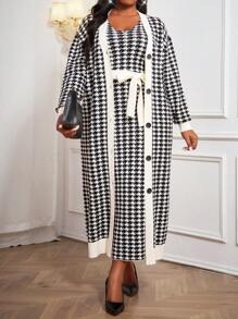 SHEIN Lady Lange elegant-lässige Kleider mit Gürtel in Schwarz oder Weiß, Zierknöpfe, Wollmischung, ärmellos, für Herbst und Winter, Große Größen, Abendkleid, kariertes Kleid