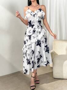 Modelyn 女式优雅蝴蝶印花荷叶边下摆无袖夏季连衣裙 - 彩色 - 查看 7