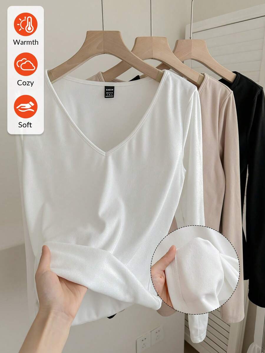SHEIN LUNE 3 piezas/paquete Camisetas térmicas de cuello en V para mujeres - Multicolor - Ver 1