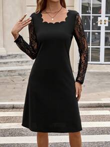 EMERY ROSE 纯色长袖撞色蕾丝女式连衣裙秋冬派对