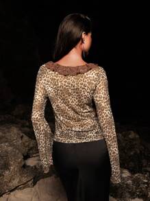 Opulessa 女士豹纹蕾丝拼接度假衬衫 - 彩色 - 查看 2