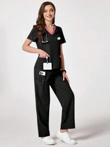 TaskEZ Solid Color Patchwork V-Neck Short Sleeve Top And Pocket Pants Uniform Scrub Set