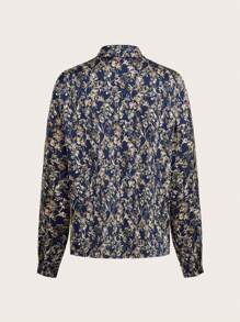 SHEIN Frenchy Women's Floral Print Long Sleeve Loose Casual Blouse Winter Vacation Flower Blue - Navy Blue - View 2