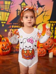Baby Girl Cartoon Print Round Neck Long Sleeve Top And Pants Casual Set, Spring Summer - Orange - View 6
