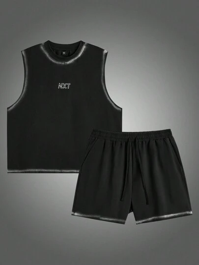 Manfinity VCAY Manfinity NXTstreet 2 件套大码男士休闲无袖针织背心和抽绳腰直筒短裤套装夏季