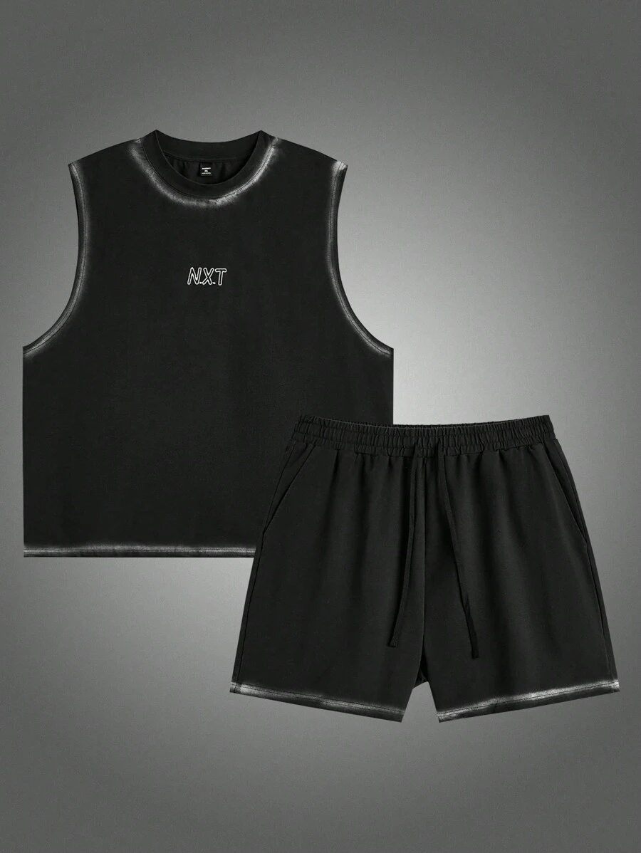 Manfinity VCAY Manfinity NXTstreet 2 件套大码男士休闲无袖针织背心和抽绳腰直筒短裤套装夏季