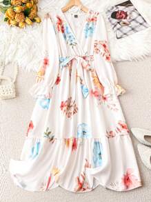 SHEIN Clasi Vestito a maniche lunghe con scollo a V e stampa floreale colorata, taglia curvy - Multicolore - Visualizzare 1