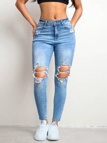 SHEIN EZwear Women Washed Distressed Denim Jeans - Light Wash - View 2