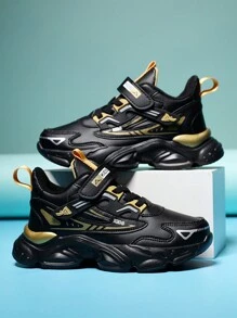 Tênis esportivo infantil de couro de cano alto para meninos, fecho ajustável de , fácil de calçar e tirar, sola grossa, macio e confortável, design em blocos de cores, moderno, tênis coloridos para a volta às aulas