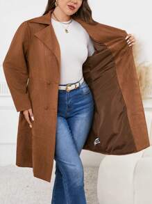 SHEIN Clasi Plus Size Women Solid Color Long Sleeve Lapel Casual Faux Suede Jacket, Winter Clothes