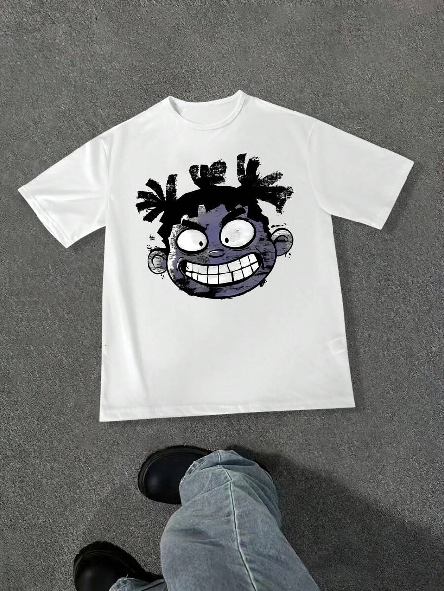SHEIN Explorewe Tween Girl Dark Fashion Portrait Print Casual T-Shirt - White - View 1