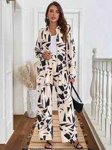 SHEIN LUNE 2 件套复古树叶印花休闲通勤街头装翻领开衫和阔腿裤套装女 - 彩色 - 查看 6