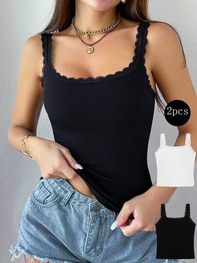 Snug Zone 2pcs/Set Lace Patchwork Solid Color Black Undershirt Tank Top