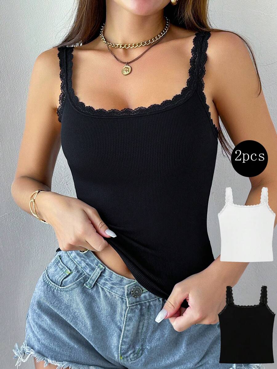 Snug Zone 2pcs/Set Lace Patchwork Solid Color Black Undershirt Tank Top - Multicolor - View 1