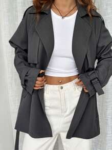 SHEIN EZwear 1 件灰色抗皱休闲风衣，秋季 - 灰色 - 查看 5