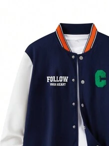 SHEIN Jaqueta de beisebol com estampa de letras em inglês e bloco de cores casual para meninos adolescentes, adequada para outono, inverno, quente, escola, casa, diário, esportes, versátil, simples - Multicolorido - Ver 6