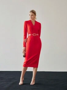 MOTF PREMIUM SOLID V-NECK SLIM FIT BELTED MIDI DRESS