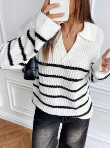 SHEIN Unity Áo len kẻ sọc cổ chữ V rộng rãi thoải mái - Đen và trắng - Xem 3