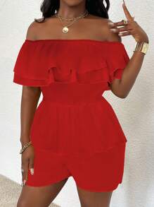 Zolique Women's Casual Off-Shoulder Ruffle Hem Romper - Red - View 4